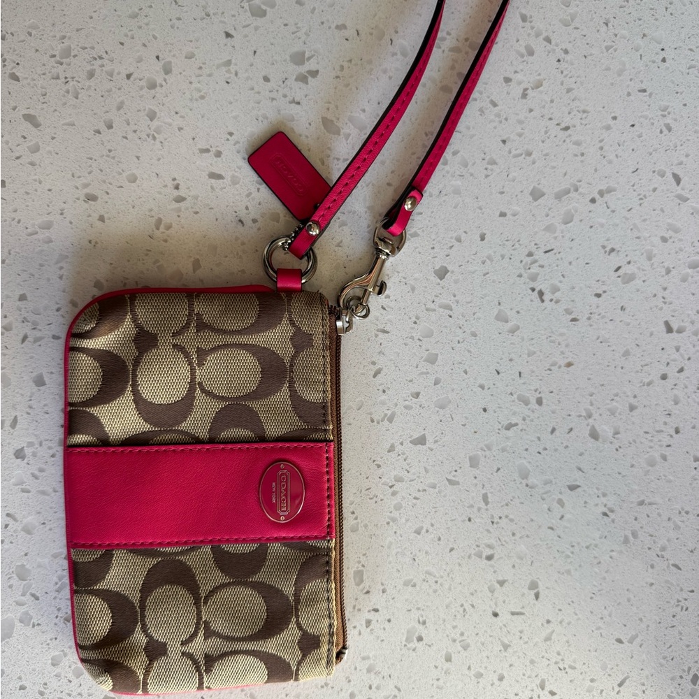 Coach Signature Canvas Wristlet in Pink and Brown